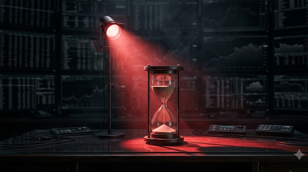 An hourglass with red sand stands on a dark desk under a single red-lit lamp, a wall of faint glowing chart screens behind it.