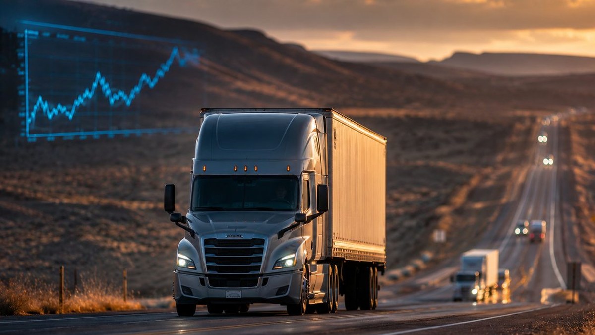 A white tractor-trailer rolls down a long desert highway at dusk with more trucks behind it, a faint price chart glowing in the sky at left.
