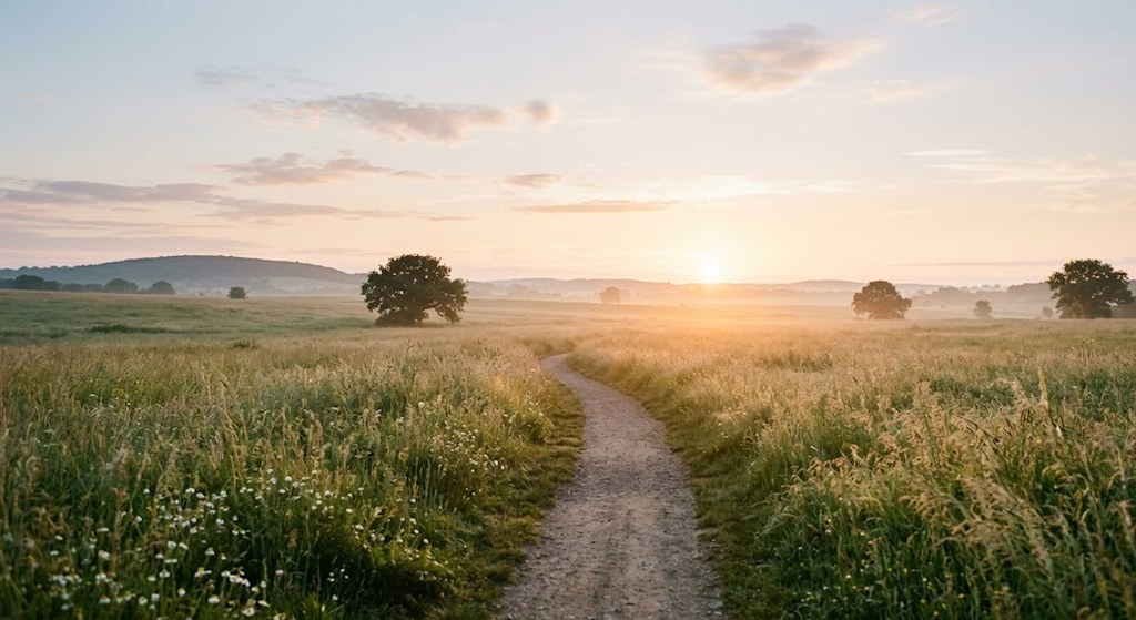 A narrow dirt path runs straight through tall green grass toward a low sun rising over open fields, a few lone trees on the horizon.
