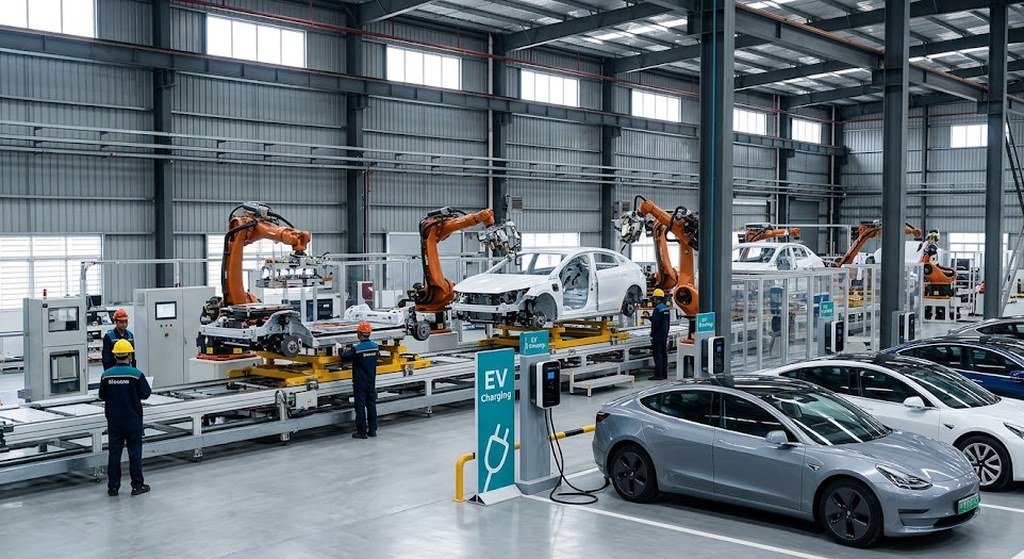 Workers in hard hats tend an auto assembly line where orange robotic arms build white car bodies, finished sedans parked in the foreground of a bright plant.