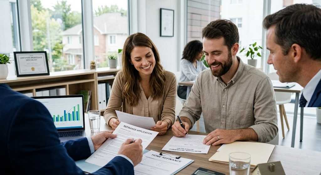 A smiling couple signs mortgage papers at a lender's table across from two advisers, a calculator and a small model house beside the forms.