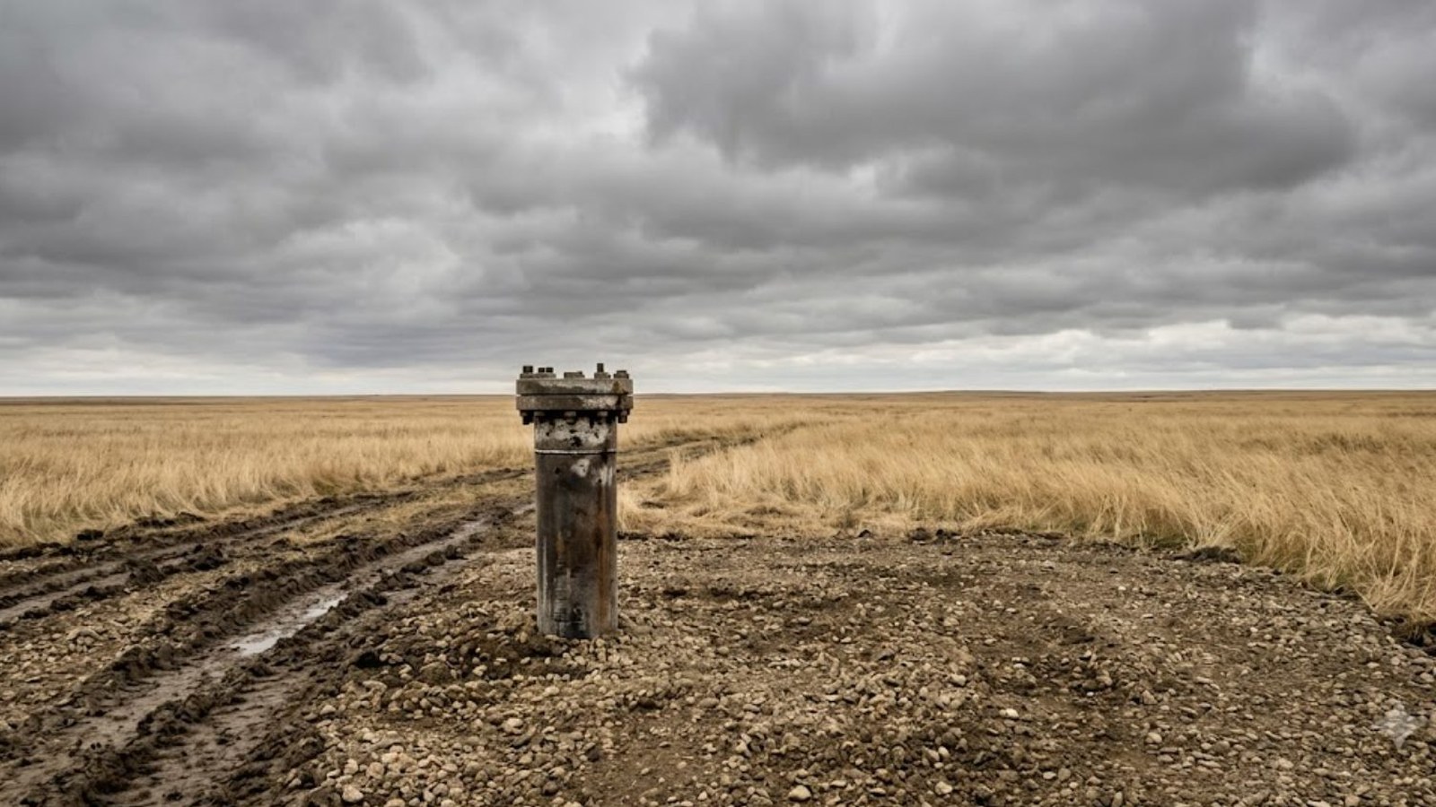 A rusted, capped wellhead stands alone on a muddy gravel pad in an empty grassland under a heavy gray sky.