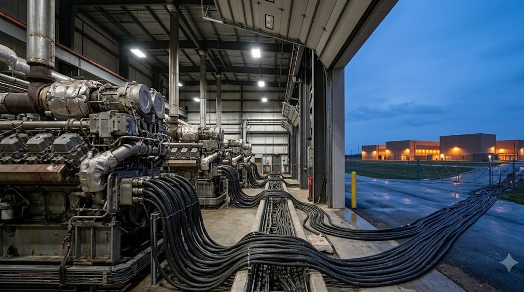 A row of large generator units inside an open power hall, thick bundles of black cable running out the bay door toward lit buildings at dusk.