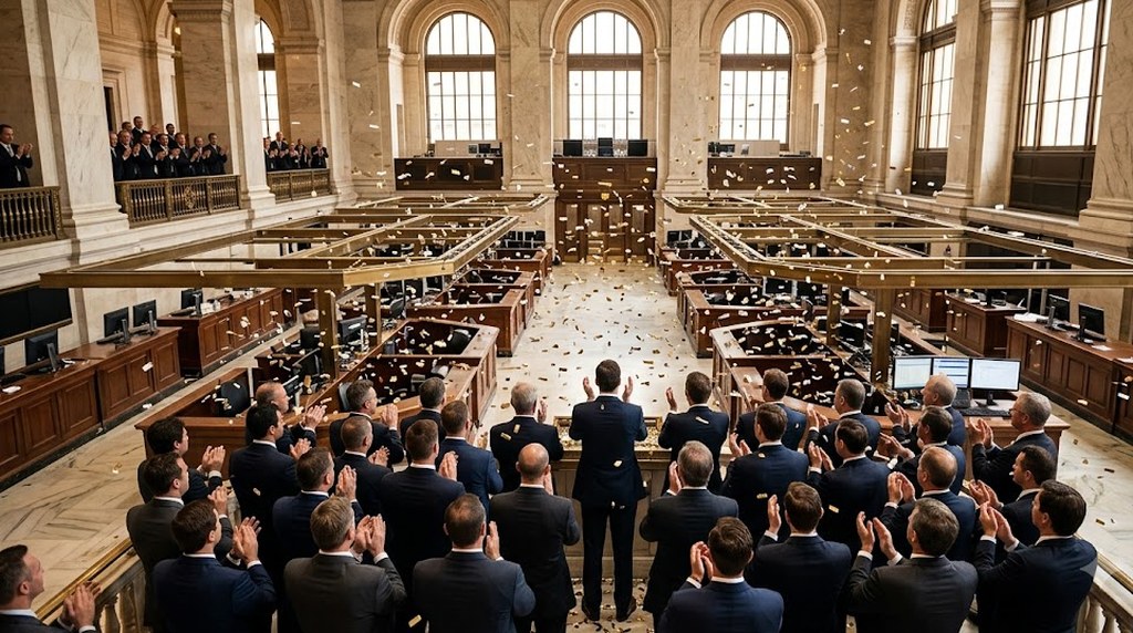 Rows of men in dark suits applaud on the floor of a grand marble exchange hall as gold confetti drifts down beneath tall arched windows.
