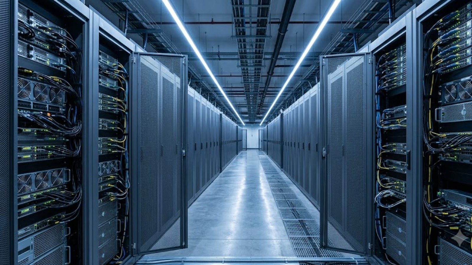 A long aisle of open server cabinets packed with cables recedes under strips of cool blue light in a quiet data center.