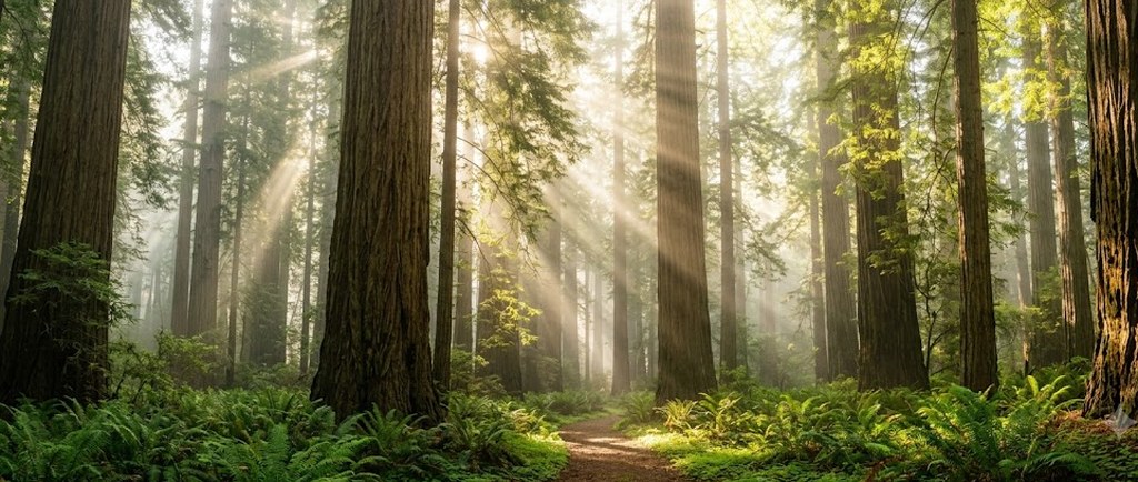 A dirt footpath winding through a redwood forest, morning sunbeams slanting through the tall trunks onto ferns on both sides of the trail.