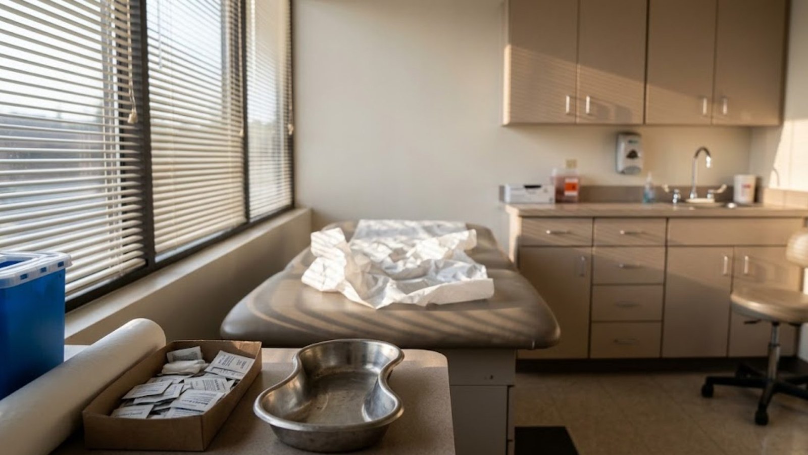 A quiet doctor's exam room in afternoon light, slatted blinds over the window, a padded exam table, a steel basin and a rolling stool by the cabinets.