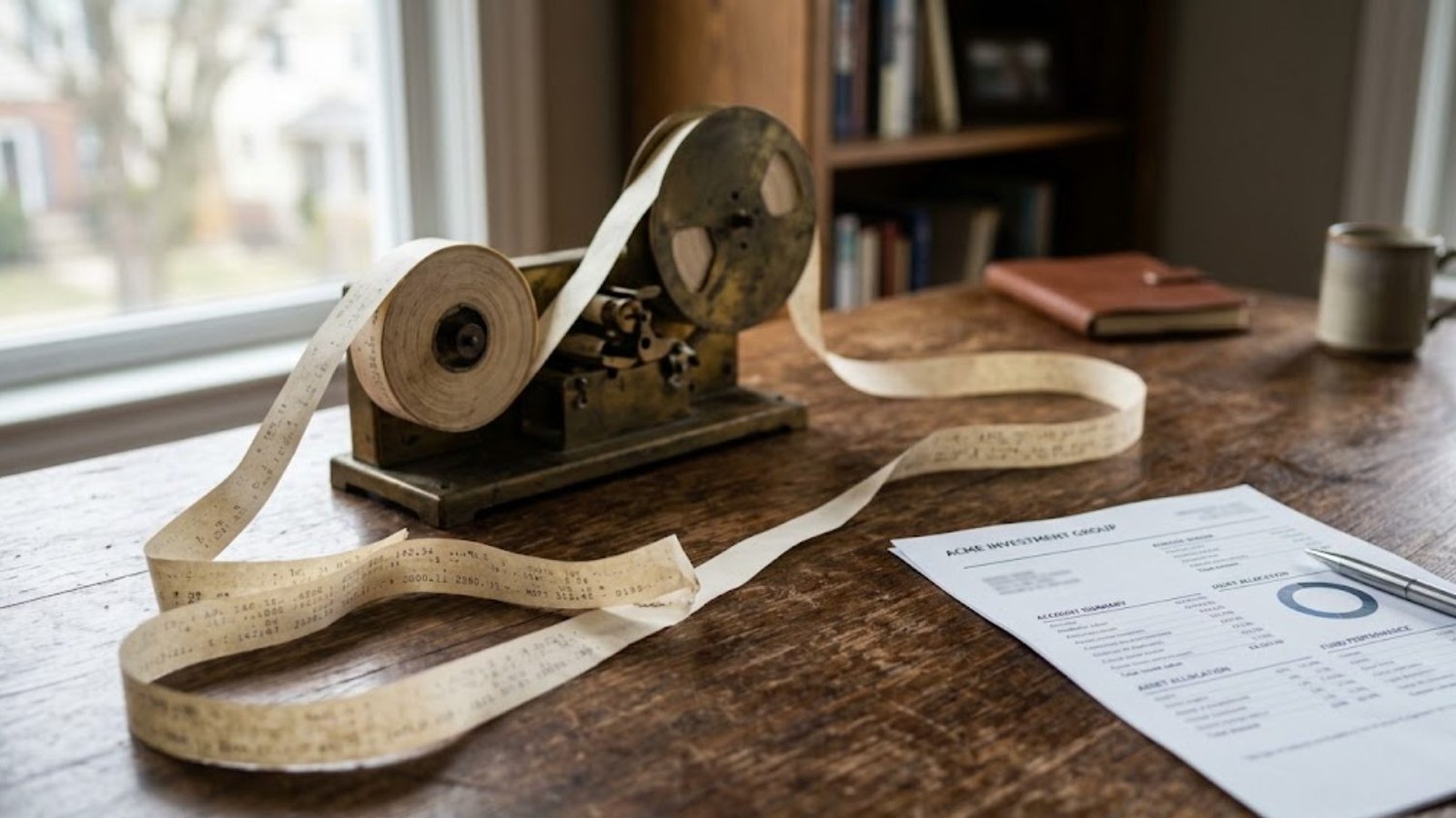 An old brass stock-ticker machine on a worn wooden desk, paper tape spilling across the wood beside a printed statement and pen, window light behind.