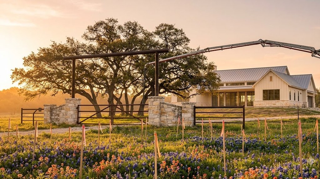 A new metal-roofed ranch house rises behind a stone-pillared gate and live oaks, a concrete pump boom overhead and survey stakes in wildflowers at sunrise.