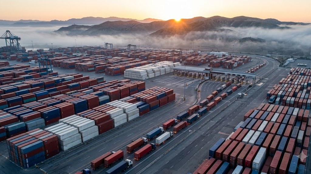 Rows of stacked shipping containers fill a vast port at sunrise, trucks lined up at the gates and fog settling over the hills behind.