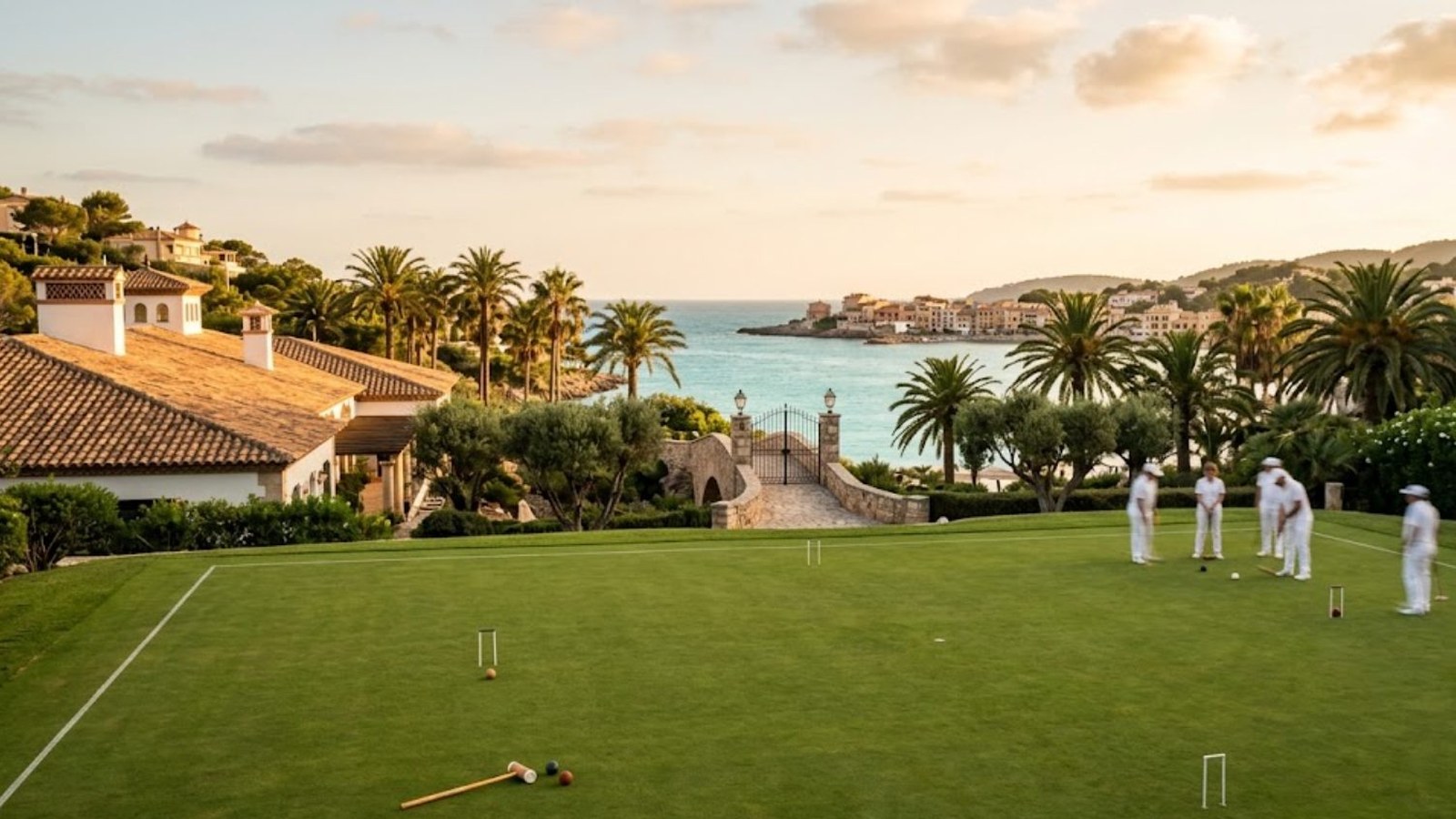 A tile-roofed villa and tall palms overlook turquoise water at golden hour, with players in white on a croquet lawn in the foreground.