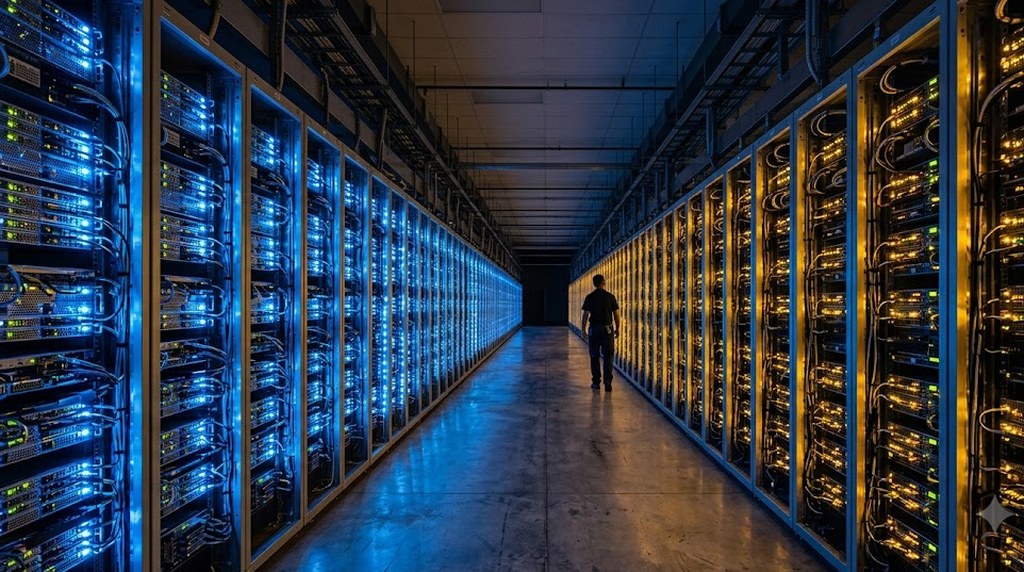 A lone technician walks down a long, dim data-center aisle between tall server racks glowing with rows of blue and amber status lights.