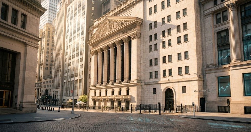 A columned stone exchange building on an empty cobblestone street in lower Manhattan, morning sun lighting the facade and surrounding towers.