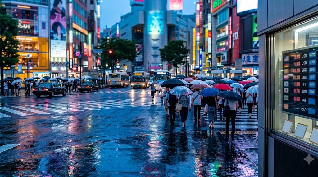 A crowd under umbrellas crossing a rain-slicked city intersection at dusk, neon signs and buses reflected in the wet pavement.
