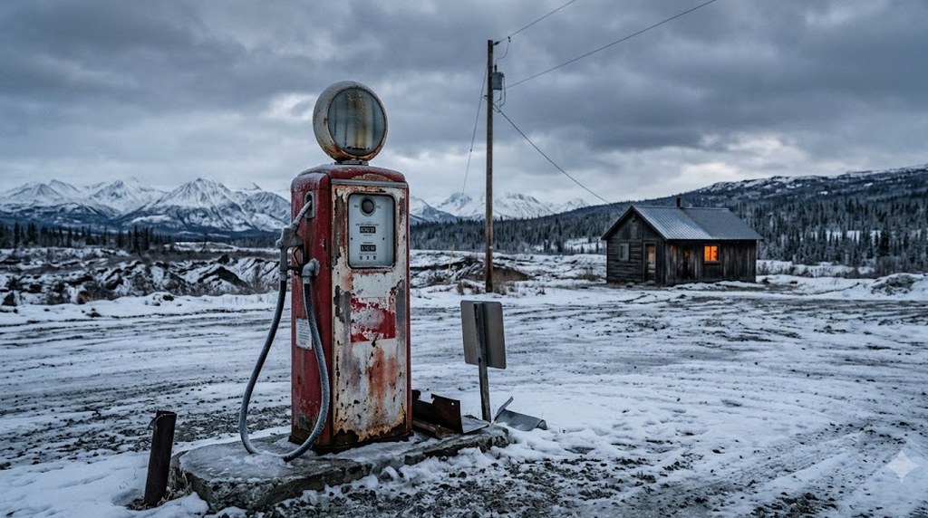 A rusted vintage gas pump stands alone in a snow-covered lot under a heavy gray sky, a small cabin and snowy mountains behind it.