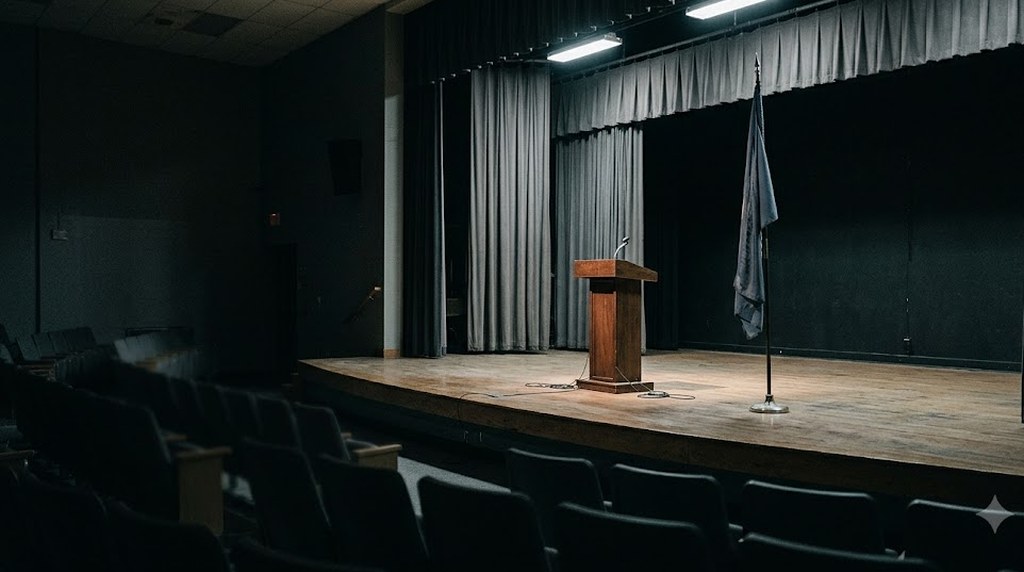 An empty wooden podium with a microphone stands on a dim auditorium stage, gray curtains behind it and rows of dark seats in the foreground.