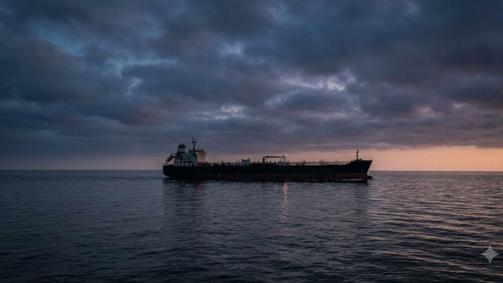 A loaded tanker crosses a dark, calm sea under heavy storm clouds at dusk, a thin band of orange light on the horizon.