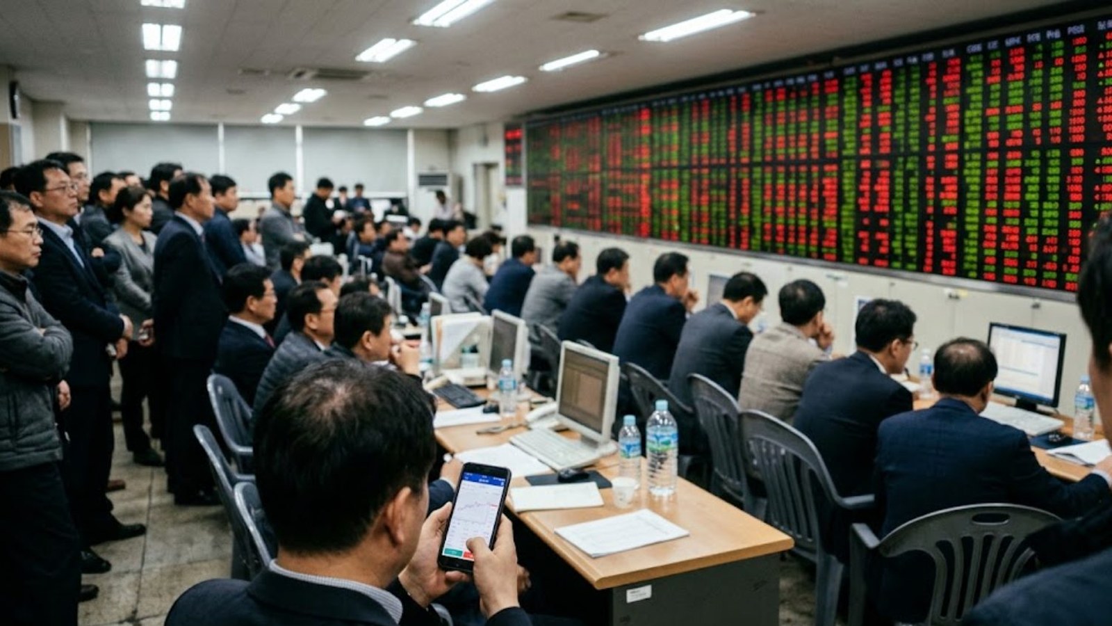 A crowded brokerage room in Seoul, investors seated at desks and standing in rows, watching a wall-sized board of red and green stock prices.