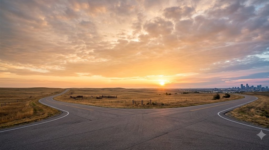 Two empty roads split apart across dry open plains at sunrise, the sun low on the horizon beneath a sky of scattered clouds.
