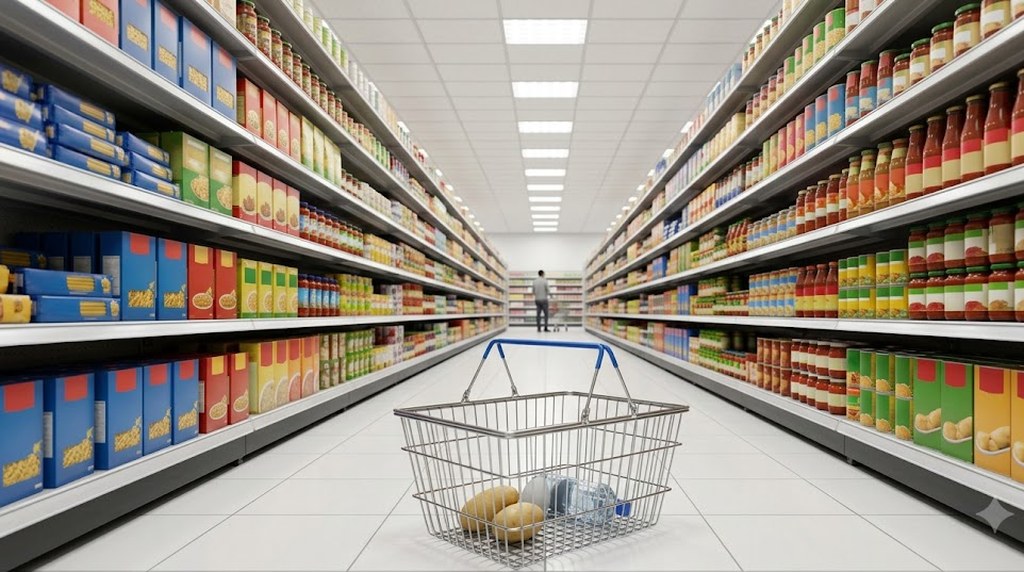A wire shopping basket sits on the white floor of a bright supermarket aisle lined with shelves of canned goods, sauces and boxed pasta.
