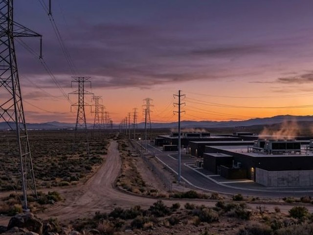 High-voltage transmission towers marching across desert scrub at dusk toward a low complex of flat-roofed data-center buildings, steam rising under an orange sky.