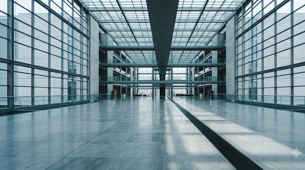 A vast, empty glass-walled atrium in a corporate office building, pale daylight falling in long stripes across the polished stone floor.