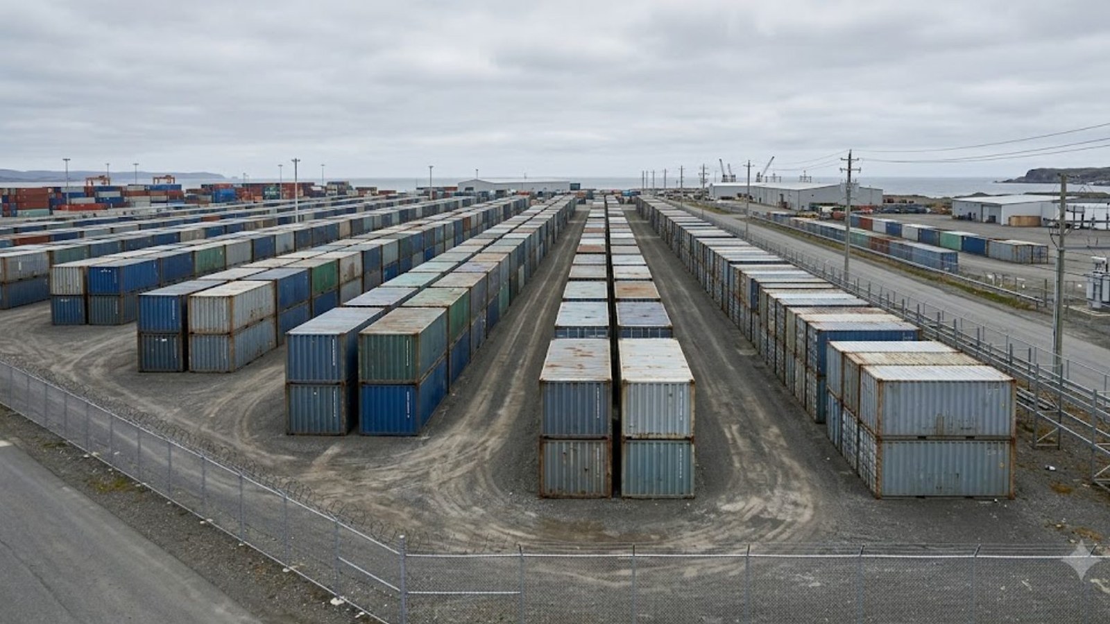 Long rows of stacked steel shipping containers in a fenced port yard under a flat overcast sky, the sea and cranes on the horizon.