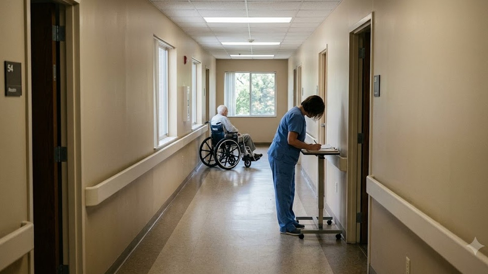 A long care-facility corridor with handrails, a resident in a wheelchair by a far window and a nurse in blue scrubs writing at a rolling stand.