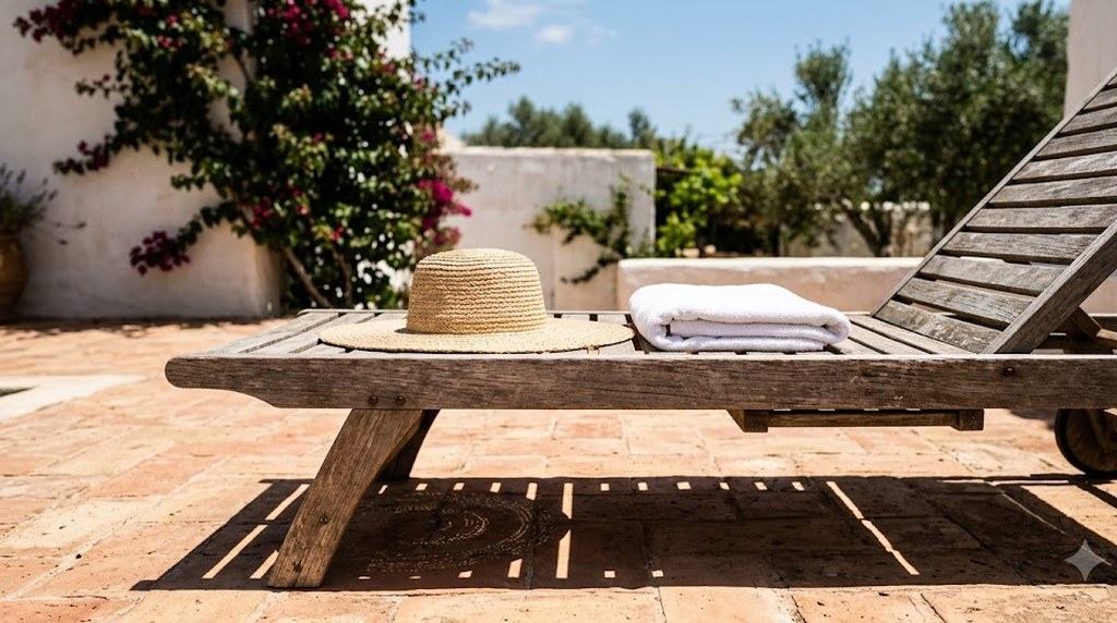 A straw hat and a folded white towel rest on a weathered wooden sun lounger in a bright terracotta courtyard, bougainvillea and olive trees beyond a white wall.