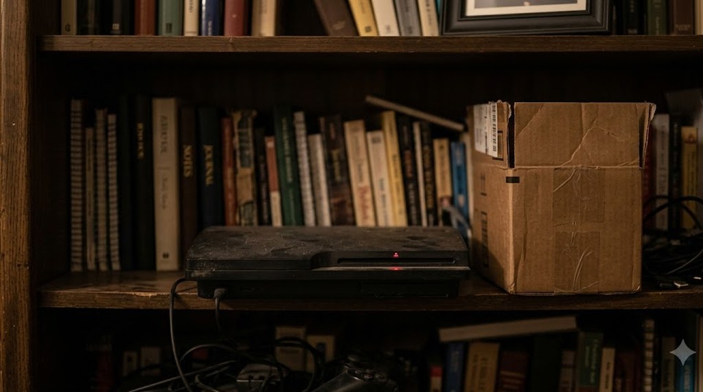 A dim wooden bookshelf crowded with old hardbacks and binders, an open cardboard box and a dusty electronic device tangled in cables on the middle shelf.