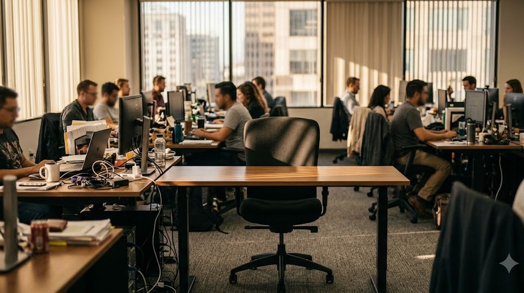 A sunlit open-plan office with rows of staff at their monitors and one empty desk and black chair in the foreground, afternoon light through tall windows.