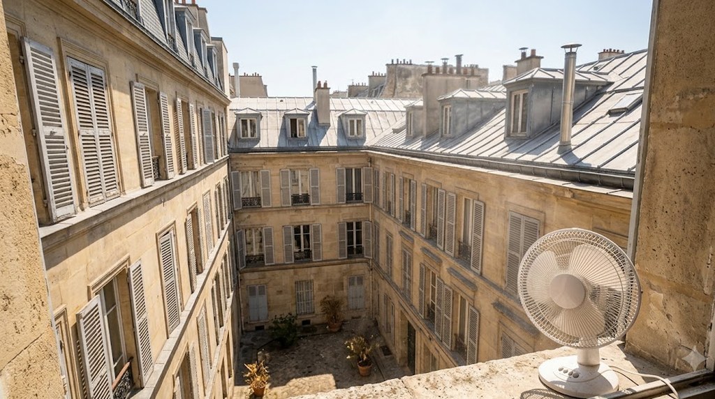 An open apartment window high above a stone courtyard, a small white fan on the sill and shuttered windows and rooftops in bright afternoon sun.