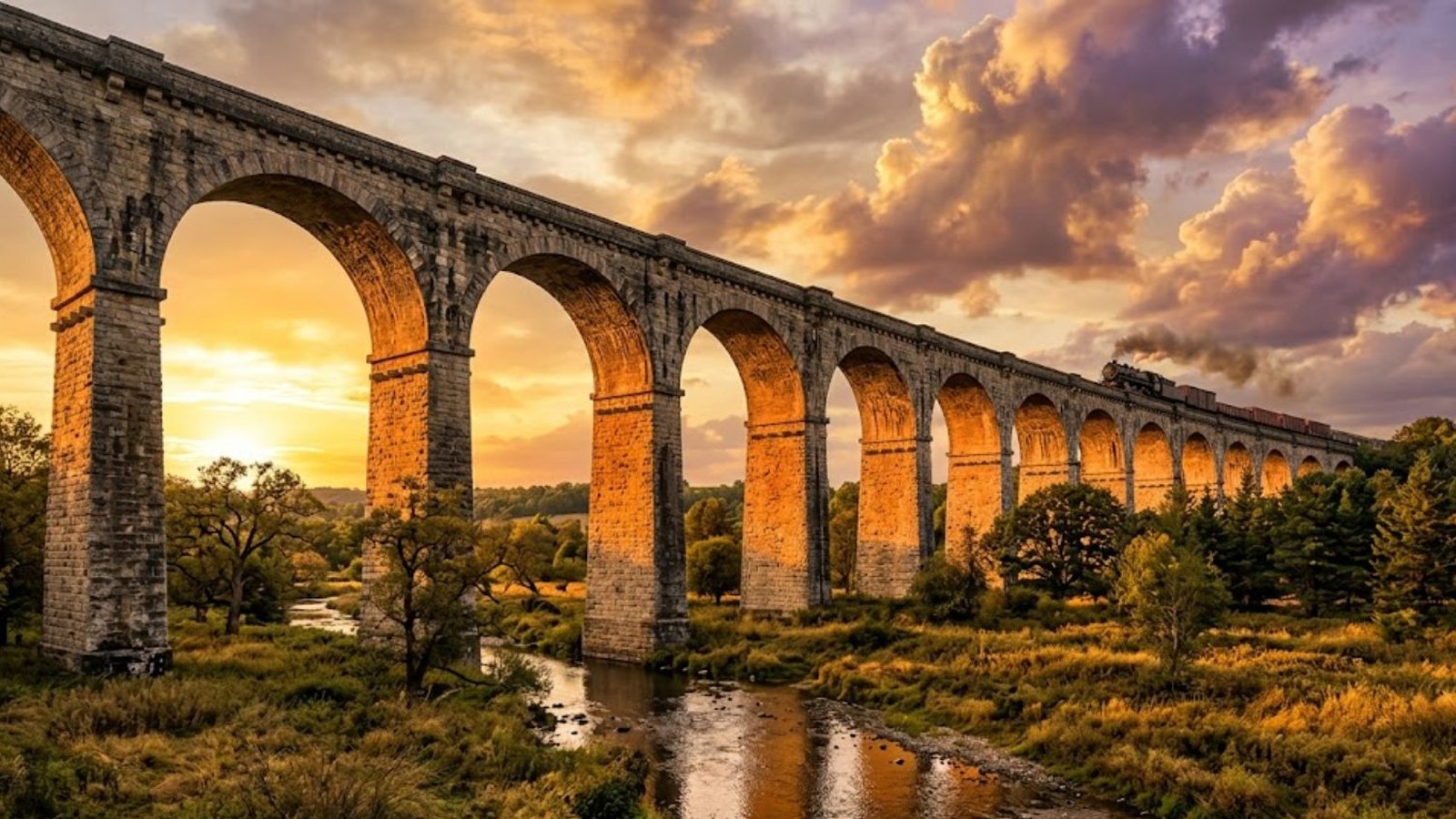 A long stone railway viaduct of tall arches crosses a shallow stream at sunset, a small train trailing smoke along the top under golden clouds.