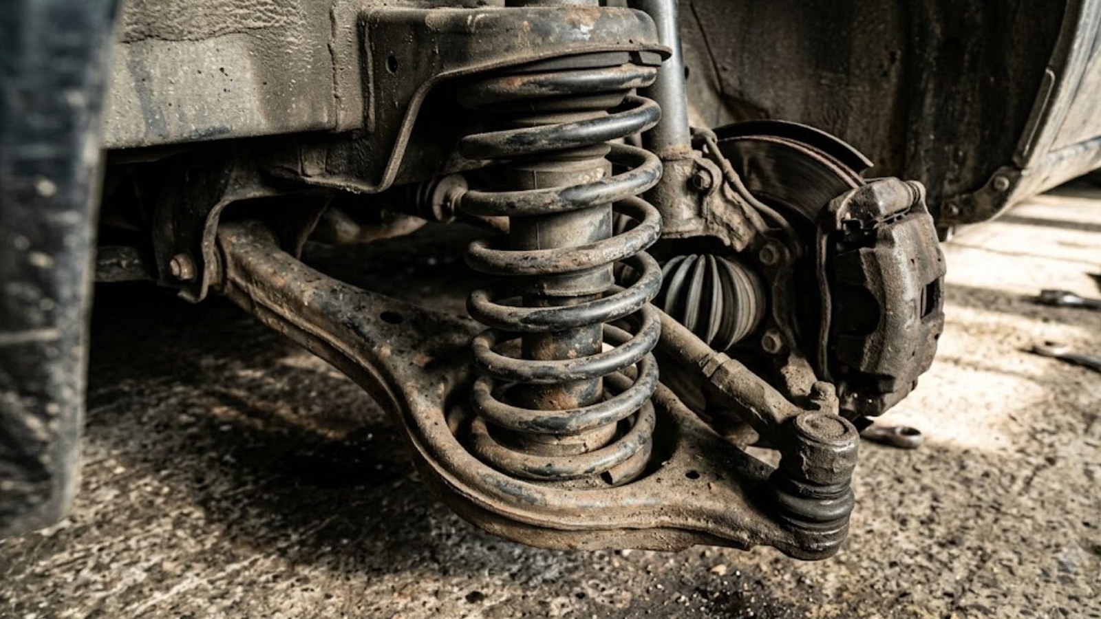 A close view of a car's worn coil-spring suspension and brake caliper above a concrete garage floor, tools scattered nearby under hard side light.
