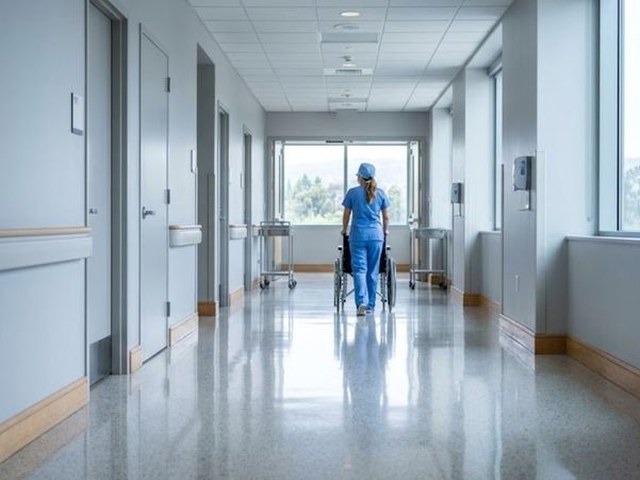 A long, bright hospital corridor with polished floors, a nurse in blue scrubs walking away from the camera beside a wheelchair toward a window at the far end.