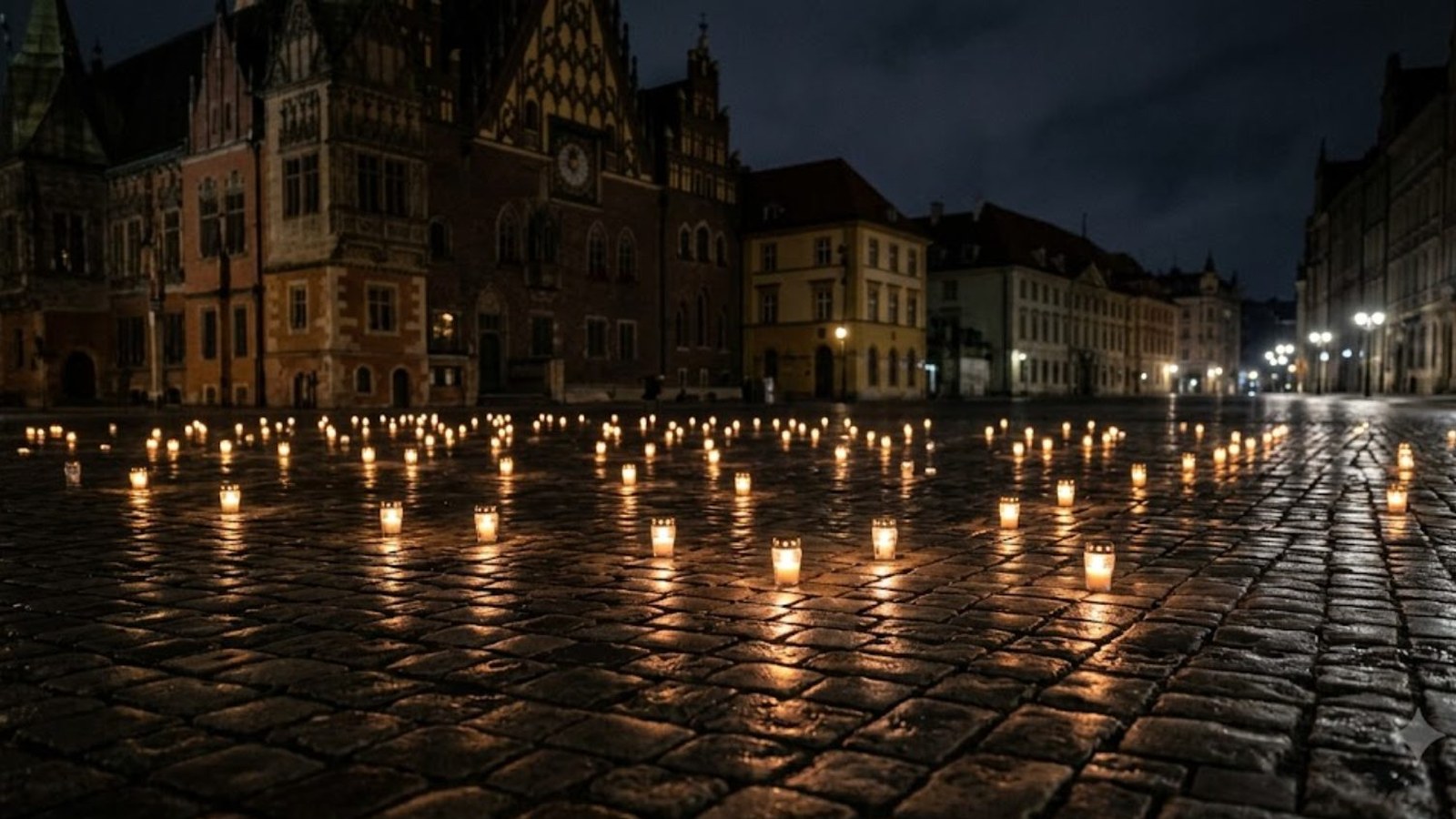 Rows of small candles glow on wet cobblestones in an old Central European town square at night, Gothic gables and lit windows rising behind them.