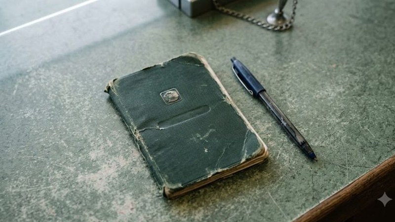A worn green cloth-bound bank passbook and a blue ballpoint pen lie on a scuffed green countertop beside a chained counter pen.