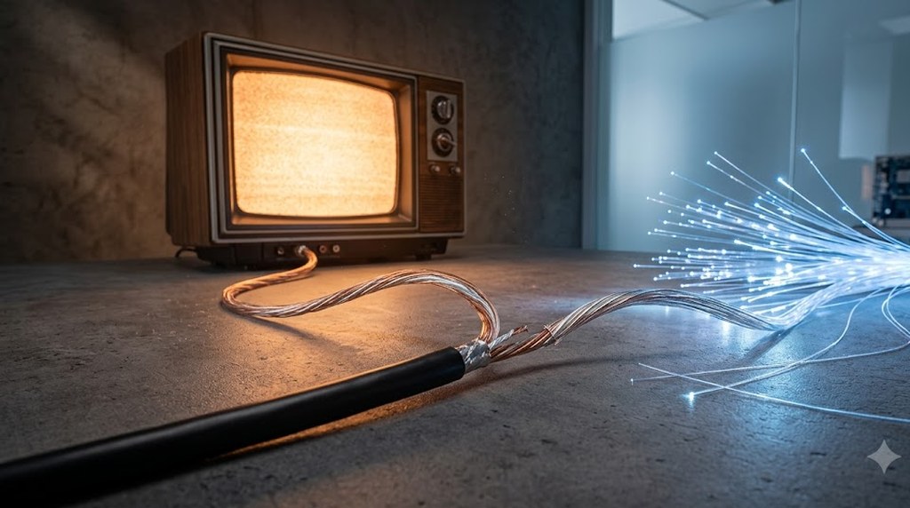 An old television glowing on a concrete floor, its single black cable splitting into a copper strand and a bright spray of fiber-optic threads.