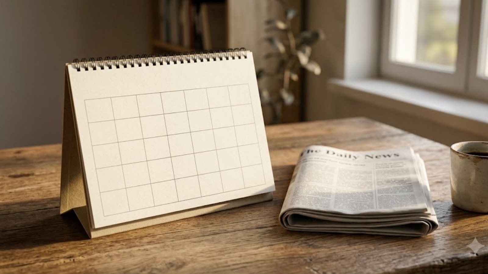 A blank spiral desk calendar stands on a worn wooden table beside a folded newspaper and a coffee mug, warm morning light falling from a window.