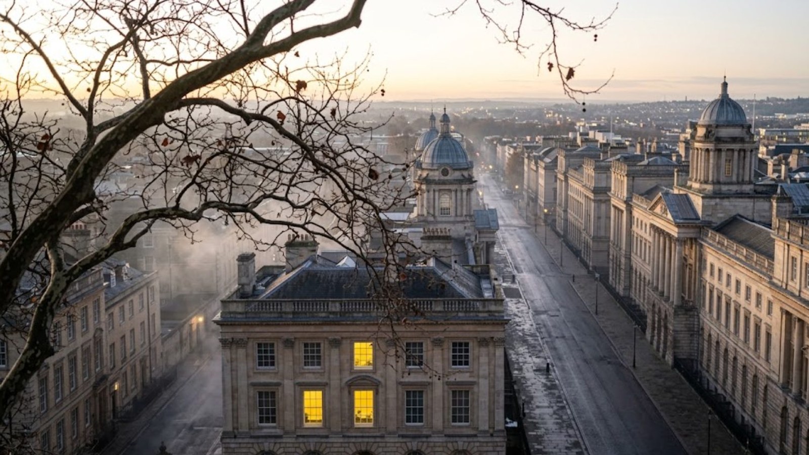 Old stone buildings with domed towers line an empty avenue in an English university-style city at dawn, mist rising and bare branches in the foreground.