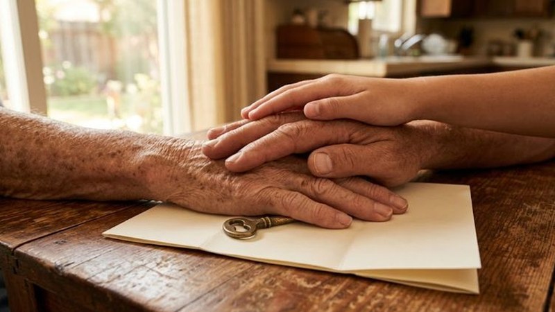 A younger hand rests over an older, weathered hand on a wooden table, an envelope and an old brass key beneath them in warm window light.