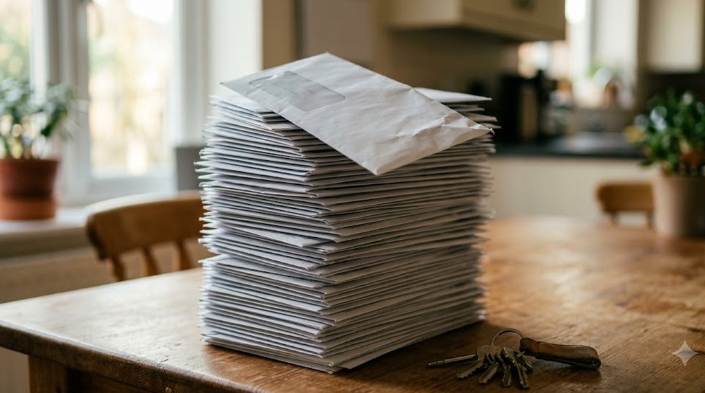 A tall stack of white window envelopes sits on a wooden kitchen table beside a ring of keys, potted plants and soft daylight in the background.