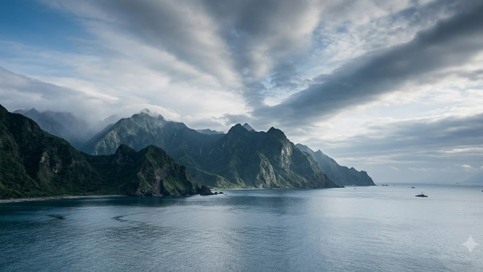 Steep green mountains drop to a quiet bay under streaked gray clouds, a thin strip of beach along the shore and a few boats far offshore.