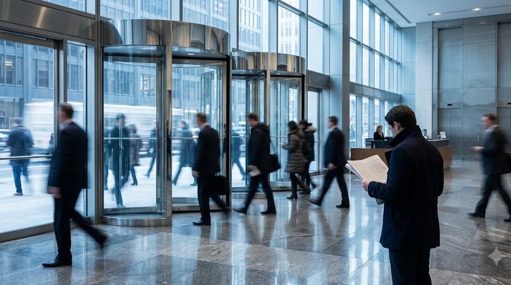 Office workers in dark coats stream through revolving doors across a polished marble lobby while one man stands still reading a sheaf of papers, cool morning light.