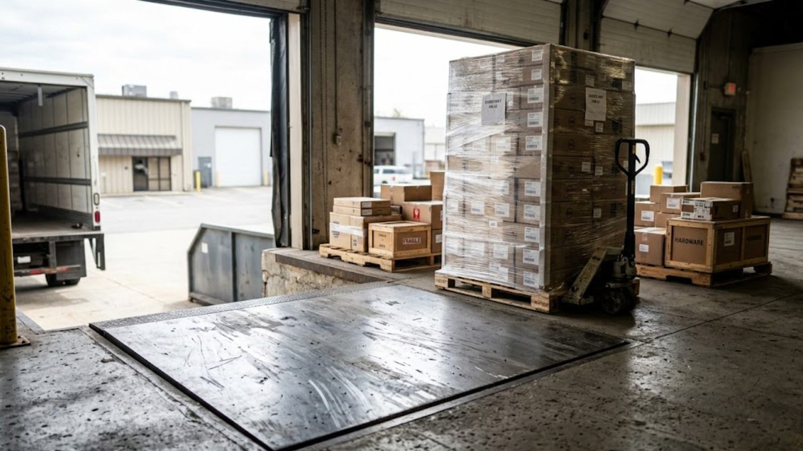 A warehouse loading dock with a shrink-wrapped pallet of boxes and a pallet jack beside an open bay door, a box truck backed up outside.