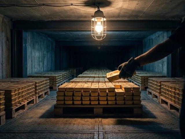 Pallets of stacked gold bars in a concrete bank vault under a single caged lamp, a gloved hand lifting one bar from the pile.