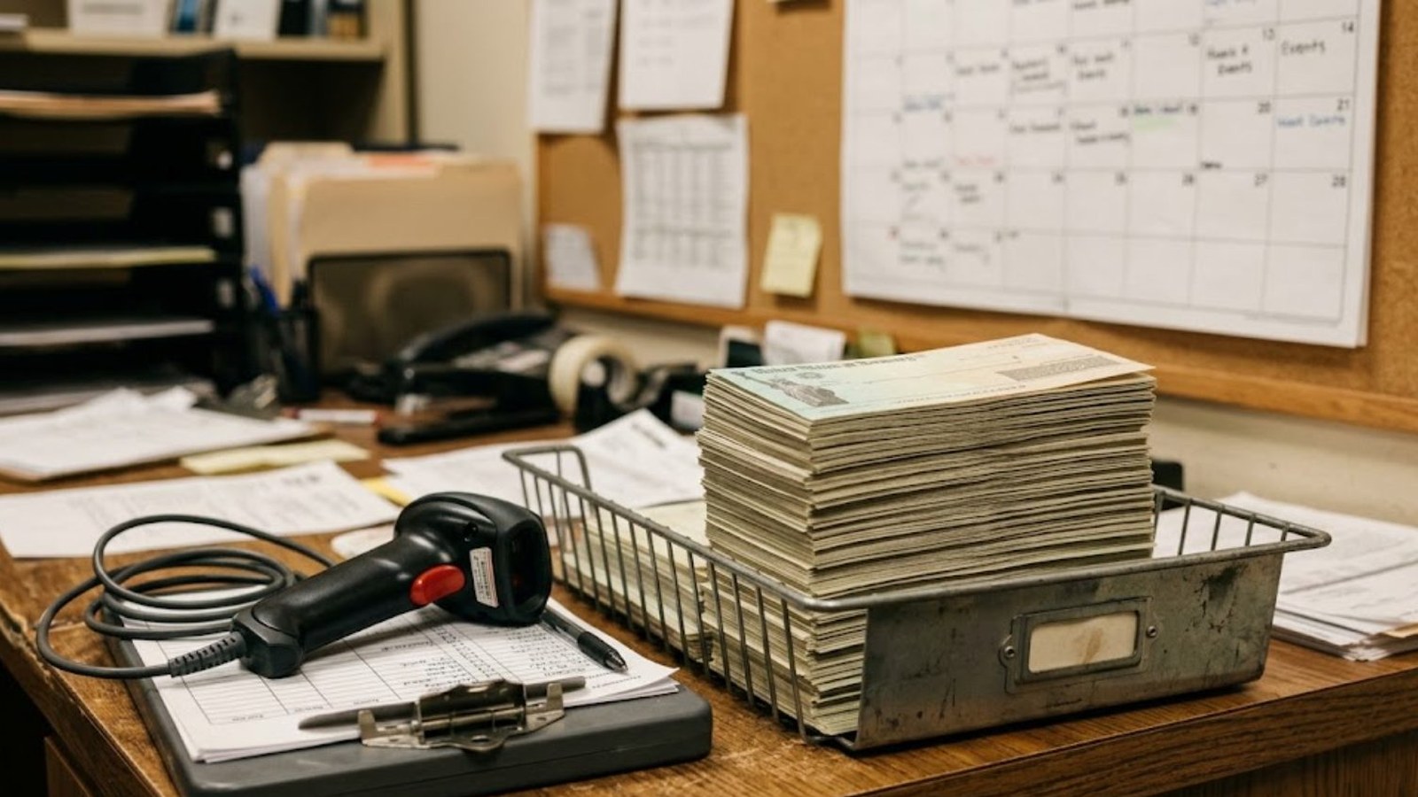 A cluttered shipping-office desk with a barcode scanner, a clipboard of forms and a wire tray stacked with paperwork beneath a wall calendar.