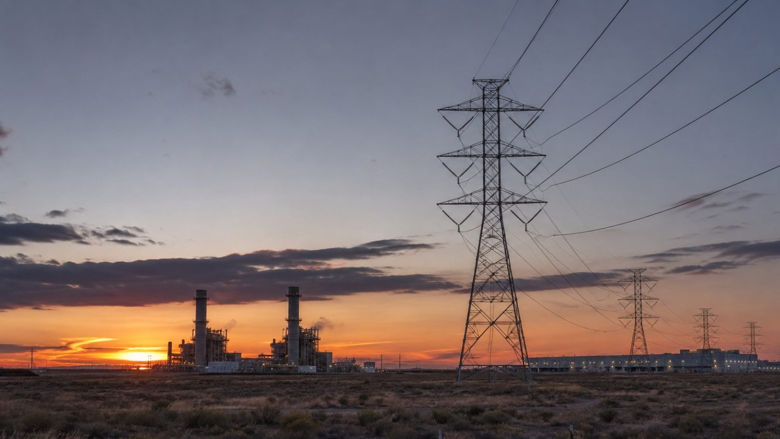High-voltage towers march across dry scrubland at sunset toward a gas-fired power plant and a long, low lit data-center building on the horizon.