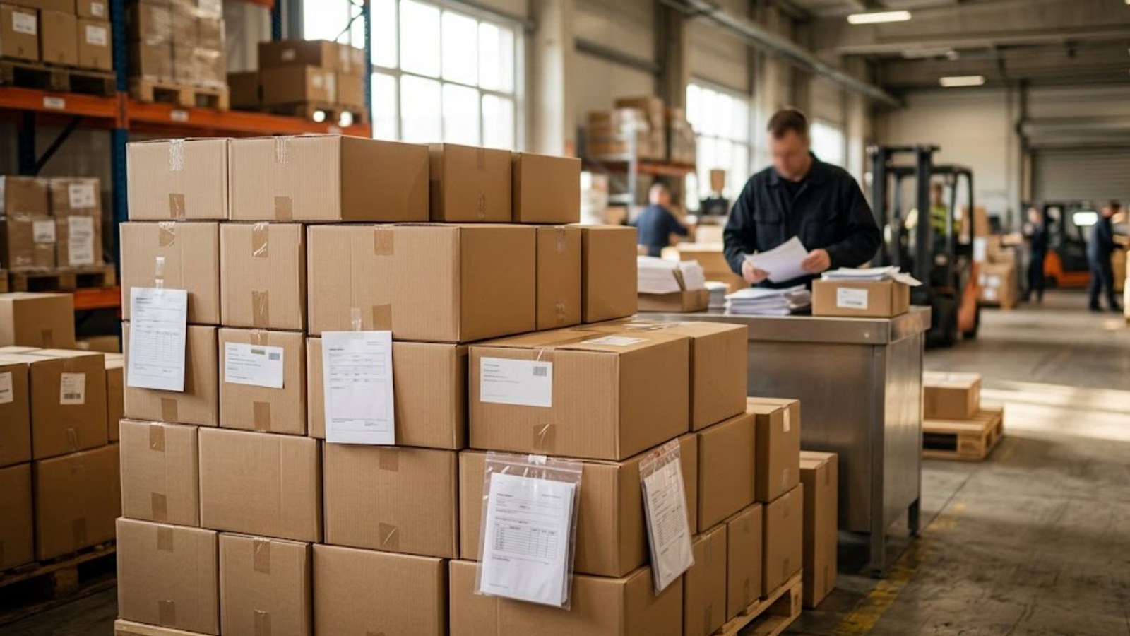 Stacks of labeled cardboard shipping boxes on pallets in a busy warehouse, a worker sorting paperwork at a packing table and a forklift beyond.