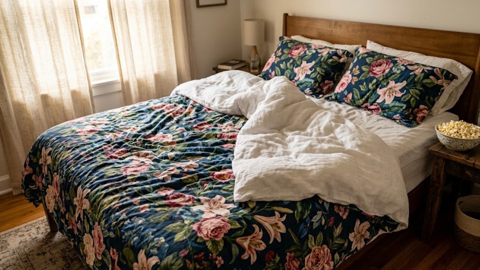 An unmade bed with a navy floral quilt and matching pillows in a quiet bedroom, sheer curtains filtering daylight, a bowl of popcorn on the wooden nightstand.